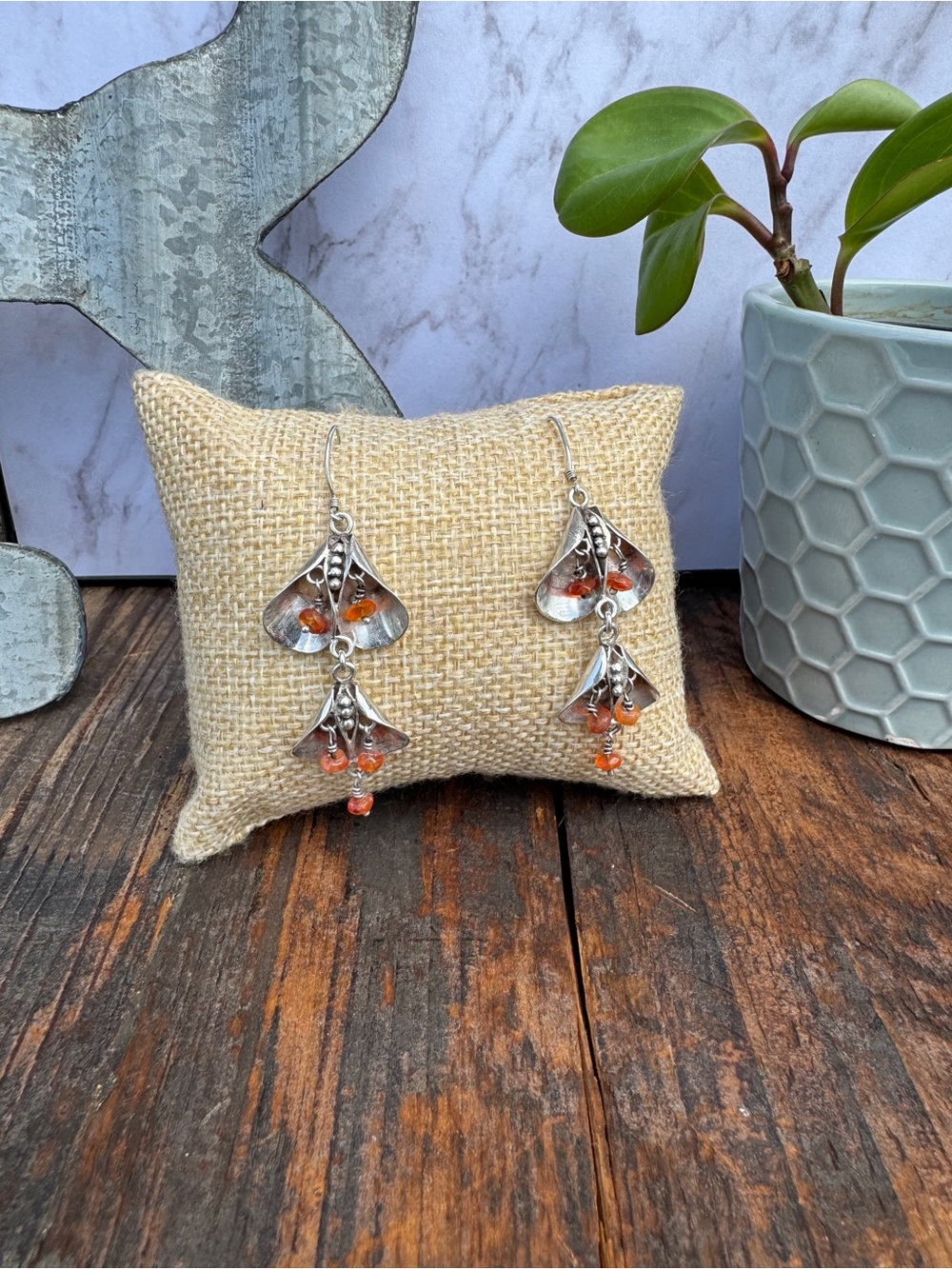 Sterling Silver Amber Beaded Handcrafted Dangle Earrings